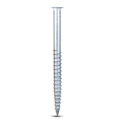 Schraubfundamente, auch Bohrschrauben, Erdschrauben, Schraub-Bohr-Pfahl oder Ground screws genannt tragen ab dem  Durchmesser 89 mm und einer Länge von 1300 mm schon sehr hohe Lasten.